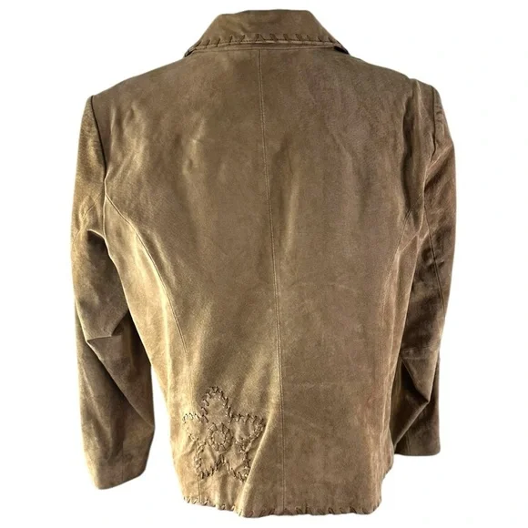 Coldwater Creek Suede Tan Genuine Leather Whipped Stitch Floral Jacket Size XL